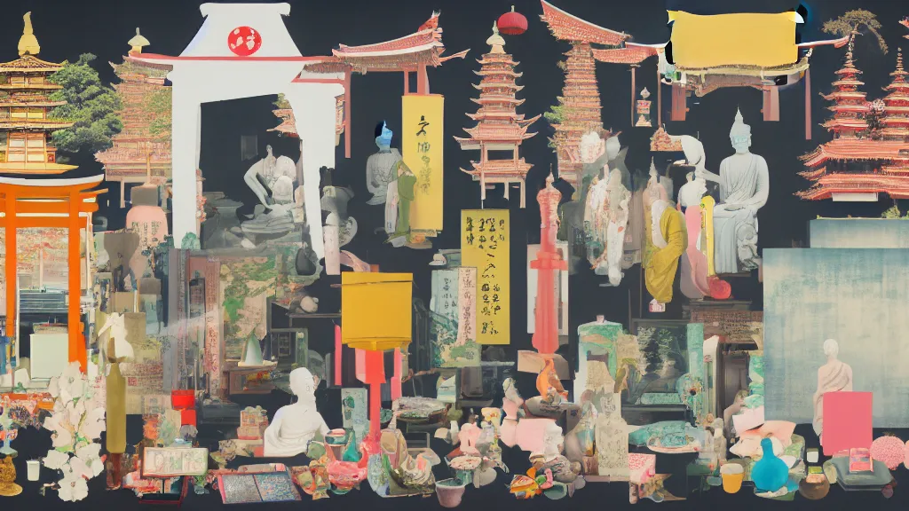 Image similar to an arrangement of buddhism traveller props, japan, a collage painting, in the style of wes anderson, lola dupre, david hockney, isolated on negative white space background dark monochrome neon spraypaint accents volumetric octane render