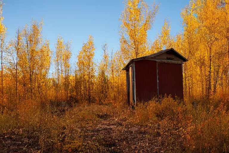 Prompt: An abandoned shed in a post-apocalyptic wasteland, overgrown, fall, maple leaves, brown and orange, light glow, birch trees, aspen trees, 53 F October 28th 2432