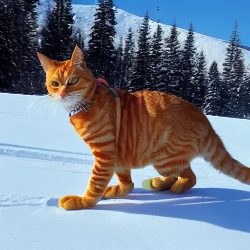 Prompt: an orange tabby cat skiing in the mountains