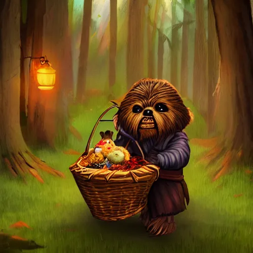 Image similar to adventurous ewok shopping in the forest market at night with a basket that contains acorns, berries, and leaves, artstation, colorful