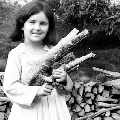 Image similar to a young girl with short brown hair wearing a white dress and holding a bundle of firewood, high resolution film still