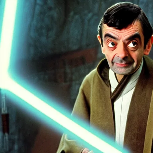 Image similar to Still of Mr. Bean as jedi master Obiwan kenobi!!!!. in Star Wars (1977). detailed eyes. medium shot, technicolor. light saber