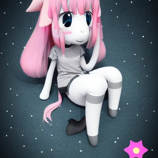 Image similar to cute fumo plush of a popstar wolf girl, anime girl, idol, tomboy, artstation, bubblegum pop, black and white, snowing, canine, v sign, vray