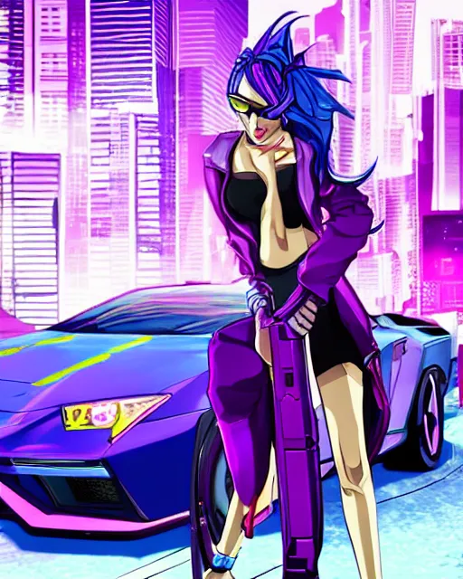 Prompt: cel shaded art of a pretty blue haired girl standing next to a purple lamborghinil, jet grind radio graphics, cyberpunk city street background