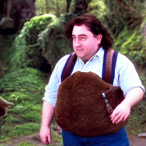 Image similar to clean shaven pudgy British lad with short curly dark brown hair as a hobbit wearing a white men's crossbody sling chest bag and blue vest standing next to a giant rabbit, blue vest! white crossbody chestbag! high resolution film still, movie by Peter Jackson