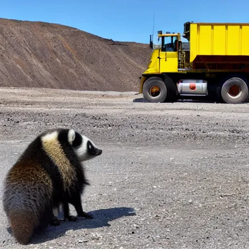 Prompt: A badger beside a large mining truck filling out forms.