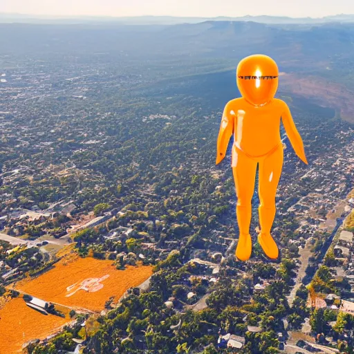 Prompt: photo of a giant orange colored glowing transparent humanoid of one thousand feet of height