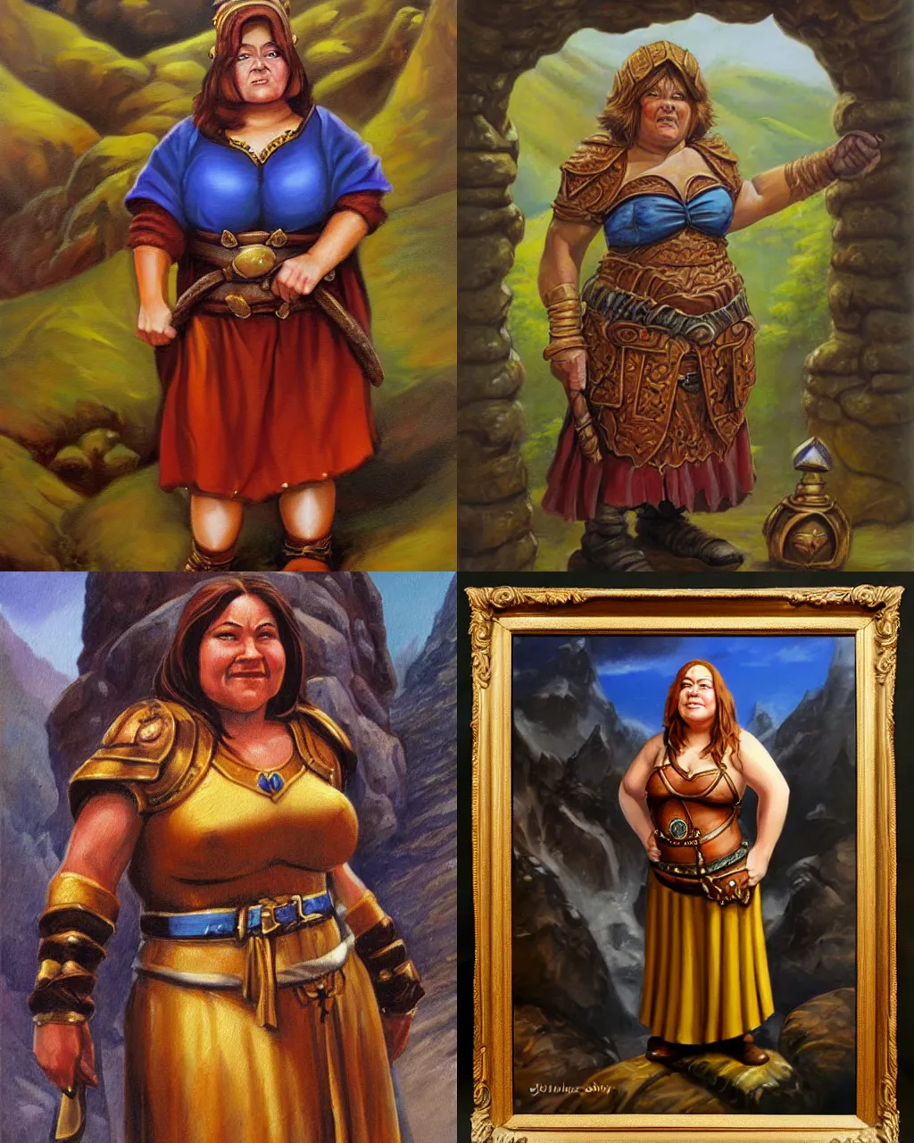 Prompt: waist - up oil painting, female dwarven noblewoman, chubby short stature, by jeff easley