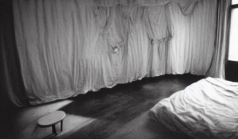 Prompt: A bedroom designed by Junji Ito, 35mm film, long shot