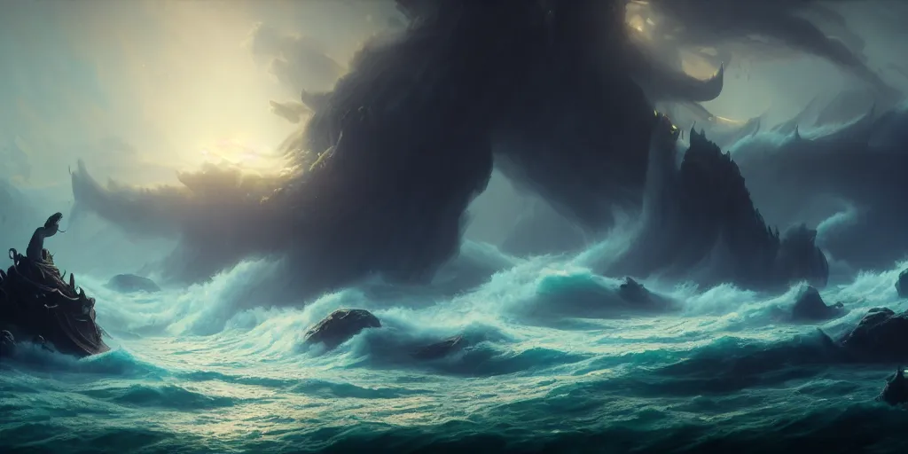 Image similar to poseidon dies and the apocalypse begins in ocean, extremely detailed digital painting, in the style of fenghua zhong and ruan jia and jeremy lipking and peter mohrbacher, mystical colors, rim light, beautiful lighting, 8 k, stunning scene, raytracing, octane, trending on artstation