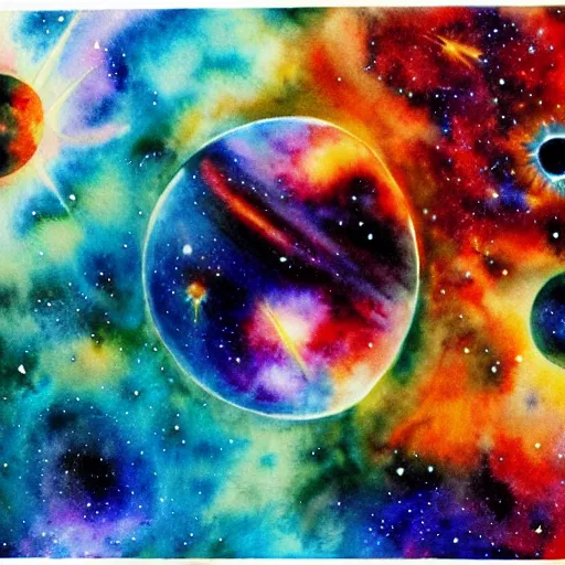 Image similar to planets colliding, space, stars, sun, earth, planets, explosions, nebula, galaxies, huge explosions in space, extreme detail, highly detailed watercolor art