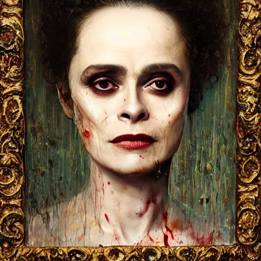 Image similar to expressive oil painting, of helena bonham carter mixed with sigourney weaver, bumpy mottled skin full of blood and scars, ornate headpiece made from crystals, cables and wires, body horror, by yoshitaka amano, by greg rutkowski, by jeremyg lipkinng, by artgerm, digital art, octane render