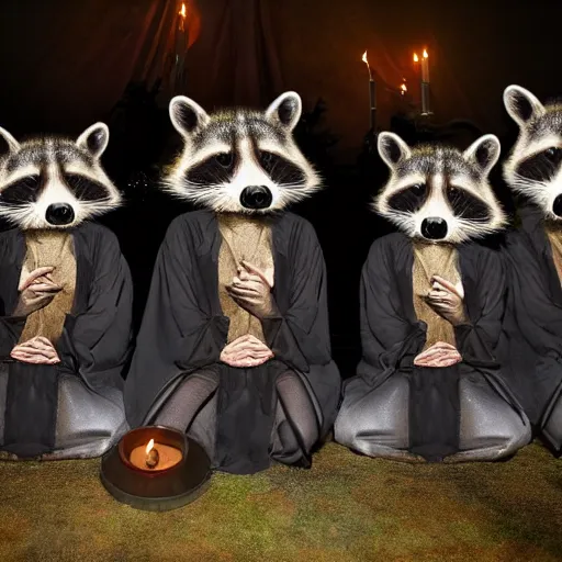 Image similar to disposable camera photo, a group of raccoons wearing dark cult robes look towards the camera in surprise and anger as they perform a dark occult evil ceremony inside the secret lair of an underground mystery cult, dramatic candlelight, ultra - detailed, photorealistic, 4 k