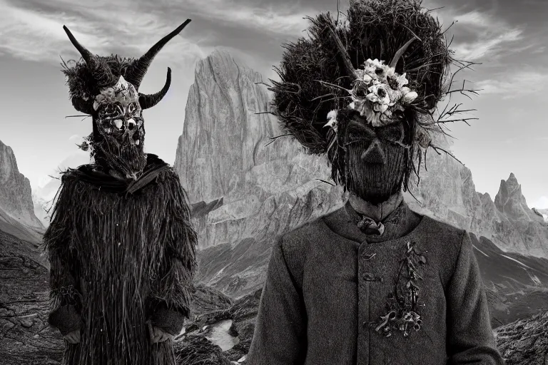 Prompt: portrait of a tyrolean folklore mask, dark, eerie , wearing hay coat, with horns, eerie, flowers growing out of his body, dolomites in the background, detailed intricate insanely detailed octane render, 8k, artistic 1920s photography, vintage photo, black and white, photorealistic, chiaroscuro, by David Cronenberg, Raphael, Caravaggio