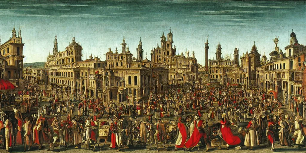 Prompt: Ideal Renaissance City in Carnival by Vittore Carpaccio, clean, classical buildings, sharp oil painting, highly detailed