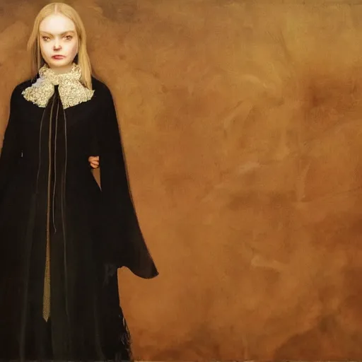 Prompt: Elle Fanning in a black coat, religious masterpiece portrait, oil on canvas, golden hour, in the world of Andrew Wyeth and Bloodborne, artstation, by J. C. Leyendecker and Peter Paul Rubens,