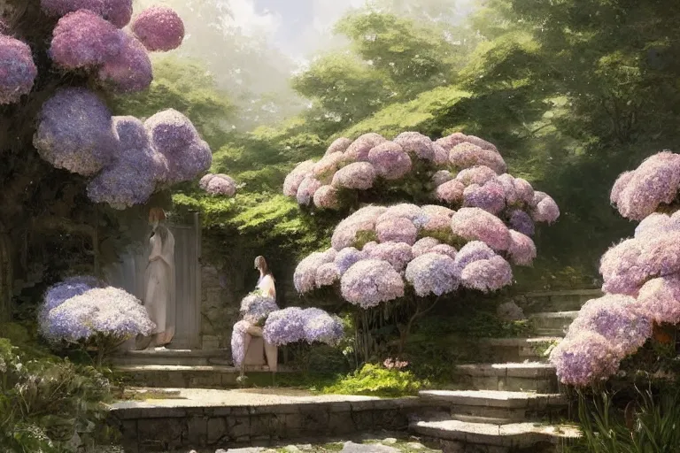 Image similar to a beautiful painting of the garden of hydrangea, shrine, two people, by greg rutkowski, trending on artstation