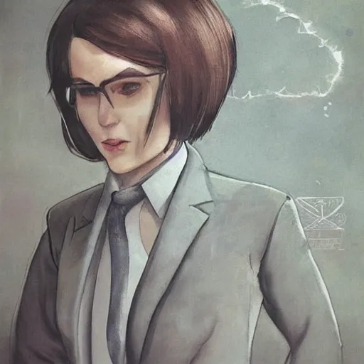 Image similar to woman in business suit, brown neat hair, pixiv, fanbox, trending on artstation, digital art, portrait, modern, sleek, highly detailed, formal, serious, determined, competent, colorized, smooth, charming, pretty, safe for work, law office