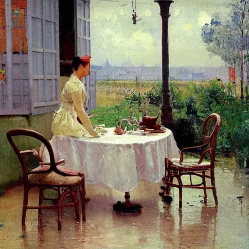 Image similar to a gorgeous housewife putting dishes on a table in the backyard, the table has a parasol, rainy scene, 1 9 5 0's, medium symmetry, by ilya repin, extreme detail, 8 k, intricate abstract, photorealistic