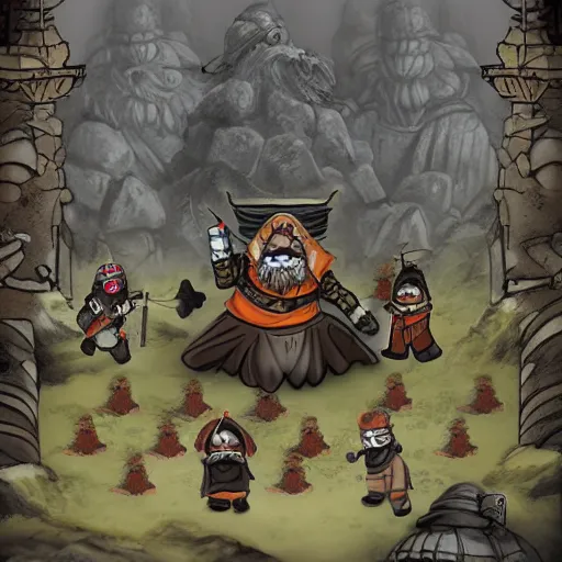 Image similar to a dwarf ninja heroes facing an ancient temple, illustrated by trent kaniuga