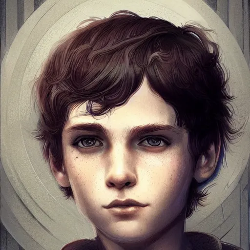 Prompt: teen boy, child, malachite hair, short hair, serious, intricate, ethereal, highly detailed, sharp focus, artstation, by charlie bowater