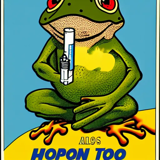 Image similar to A 1980s informational poster from a convention center displaying a cool toad smoking a cigarette. highly detailed, sharp focus, HQ, post grunge, subtle colors.