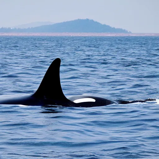 Prompt: realistic photo of an orca near a sailboat on a calm ocean.