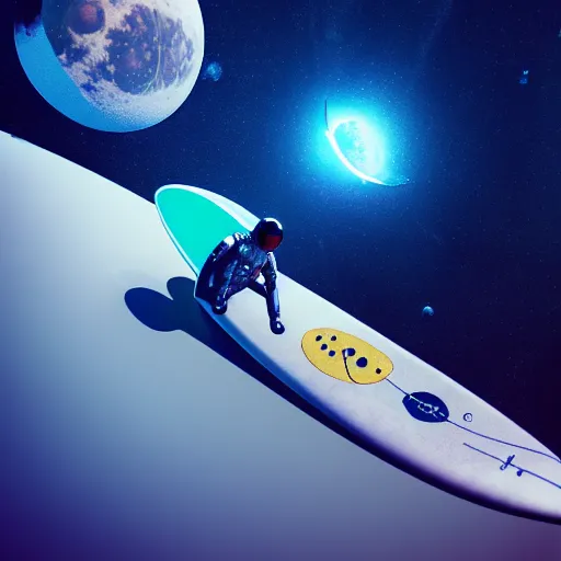 Image similar to astronaut surfing a surfboard on a sparkly crashing wave of stardust in space, background is a moon in nebula, octane render, unreal engine, wide view, 8 k, highdetaild