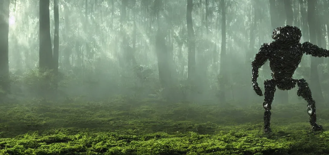 Image similar to a complex organic fractal 3 d metallic symbiotic ceramic humanoid megastructure creature in a swampy lush forest, foggy, sun rays, cinematic shot, photo still from movie by ari aster