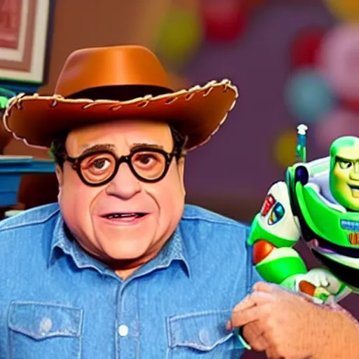 Image similar to a screenshot of Danny Devito as a 3D render animated Disney Pixar animation character in Toy story 4 (2019)