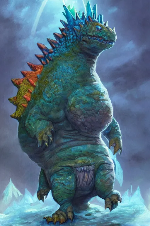 Image similar to a full body high detail fantasy portrait oil painting illustration of a tiny fat blue godzilla with a rainbow hat by justin sweet with face and body clearly visible, in a scenic background, pretty eyes, realistic proportions, d & d, rpg, forgotten realms, artstation trending, high quality, sombre mood, artstation trending, muted colours, entire person visible!