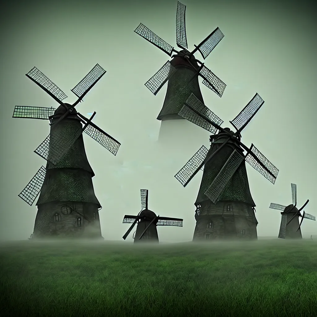 Prompt: 3 evil hags with green skin, bones, old stone windmill background, a detailed matte painting, fantasy, foggy