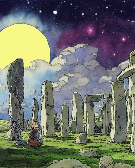 Image similar to a hyperrealist studio ghibli watercolor fantasy concept art. in the foreground is a giant grey octopus building and putting stones in to place on top of stonehenge with a starry sky. by rebecca guay, michael kaluta, charles vess