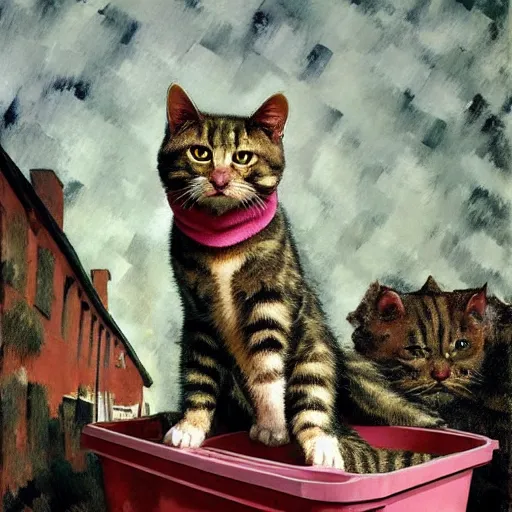 Image similar to absolutely yoked shredded physique fuzzy furry ears Portrait of Lou Ferrigno camouflaged as Tabby Cat whilst wearing a pink tuxedo Standing atop a Garbage Truck Greg Rutkowski Eric Ravilious Paul Cezanne Andrew Wyeth Jamie Wyeth