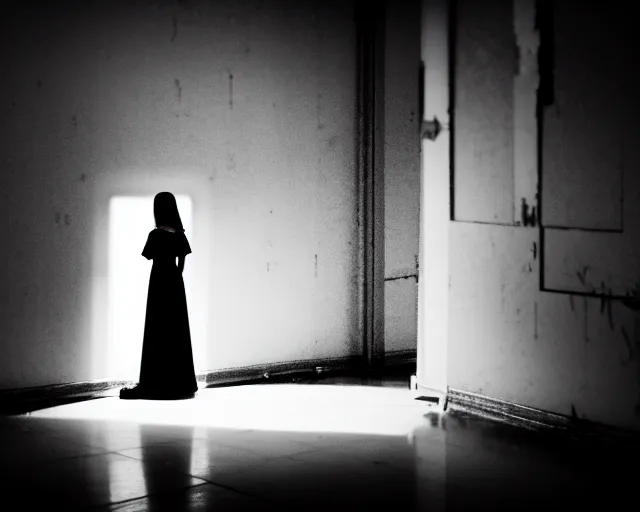 Image similar to creepy woman wearing white dress standing in the backrooms, psychological horror, the eerie forlorn atmosphere of a place that's usually bustling with people but is now abandoned and quiet, buzzing fluorescent lights above the ceiling, unsettling images, liminal space, dark