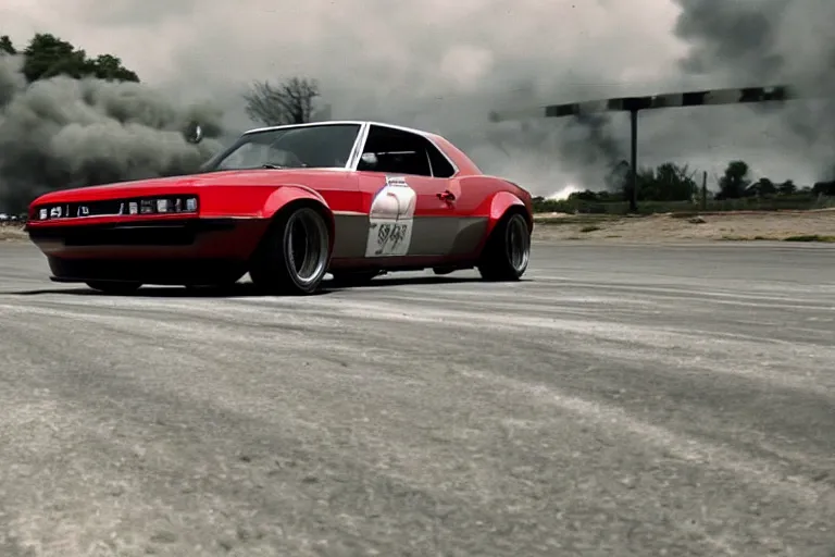 Prompt: audi camaro b 1 ( 1 9 6 9 ) drifting, phonk music background, smoke behind wheels, noise, dark, establishing shot, crow swarm