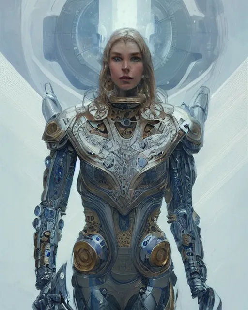 Image similar to viking cyborg, spacesuit, blue eyes, real life skin, intricate, elegant, highly detailed, artstation, concept art, smooth, sharp focus, art by artgerm and greg rutkowski and alphonse mucha