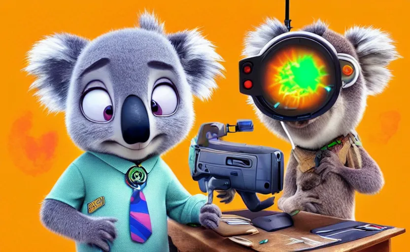 Image similar to “ one cute koala with very big eyes, wearing a bandana and chain, holding a laser gun, standing on a desk, digital art, award winning, in the style of the movie zootopia ”