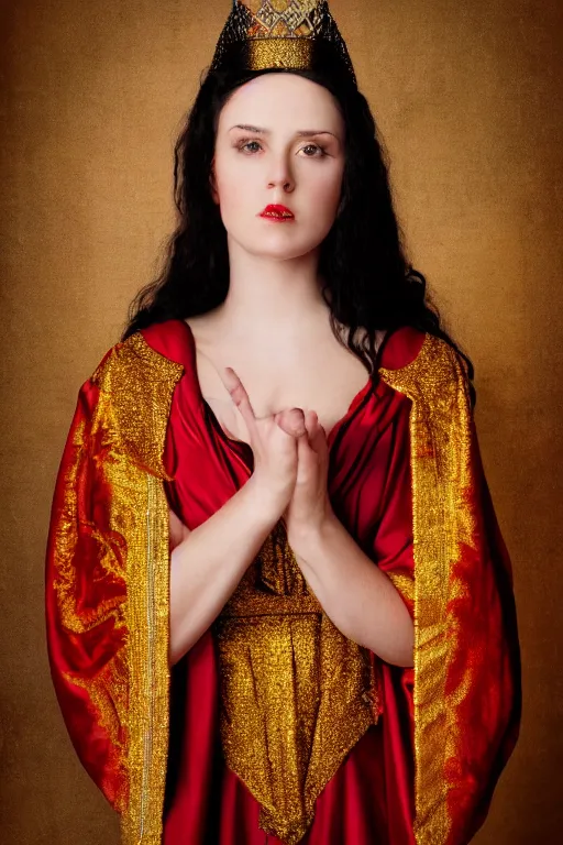 Image similar to adult portrait of historically accurate, ancient biblical, sultry, sneering, evil, pagan, wicked, young queen jezebel, wearing gilded red robes, long black hair, intricate, elegant, highly detailed, digital photograph, photorealistic, 8k, cinematic, smooth, sharp focus