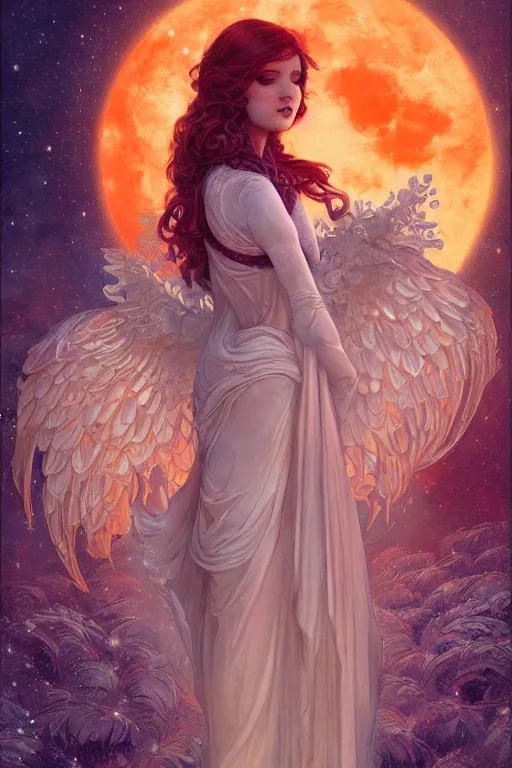 Image similar to Angelic beauty in the moonlight, the Tyndal effect, Art Nouveau Cosmic 4k Detailed Matte Illustration featured on Getty Images ,CGSociety, Jade and Carrot orange color scheme, Pastiche by Marc Simonetti, Pastiche by Cedric Peyravernay