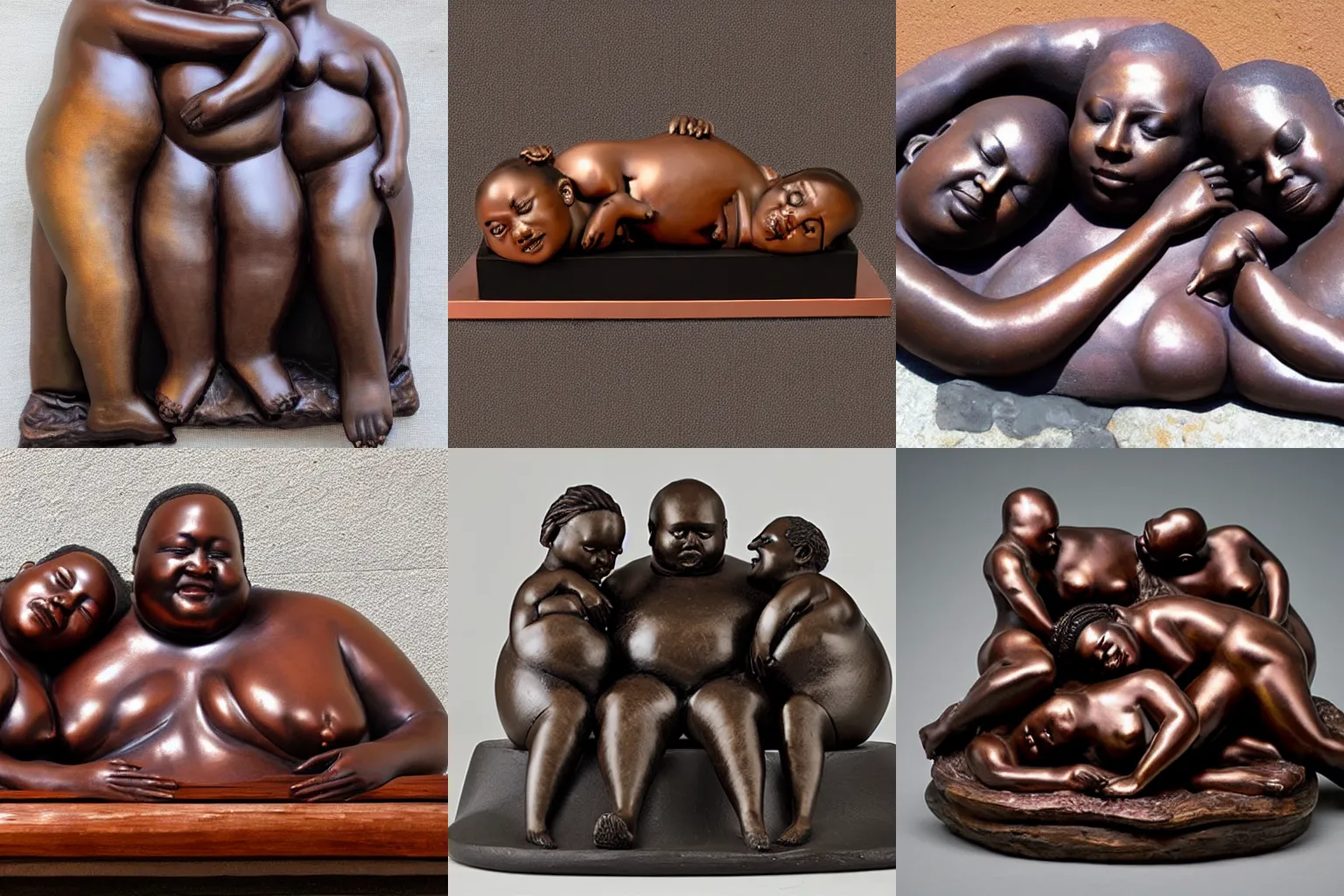 Prompt: copper sculpture of 3 beautiful fat black people sleeping together