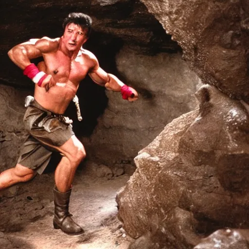 Image similar to sylvester stallone as indiana jones, running in a cave full of traps