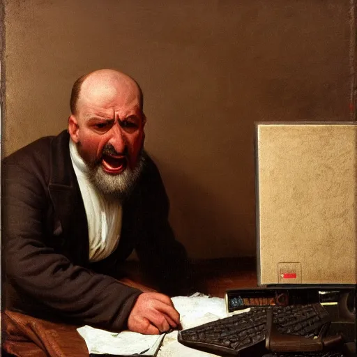 Image similar to an angry man yells at his computer monitor, oil on canvas, 1 8 8 3, highly detailed, high resolution