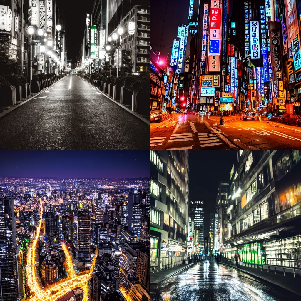 Prompt: a night shot with bulb exposure of a Tokio like city