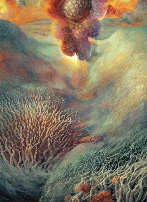 Image similar to abiogenesis, by ernst haeckel and agostino arrivabene and robert hooke and joaquin sorolla, rule of thirds, antediluvian, vivid colours, atmospheric, digital painting, artstation, concept art, smooth, soft focus, negative space, illustration, digital painting