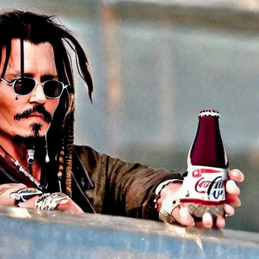 Prompt: johnny depp as a captain jack sparrow having a coca - cola