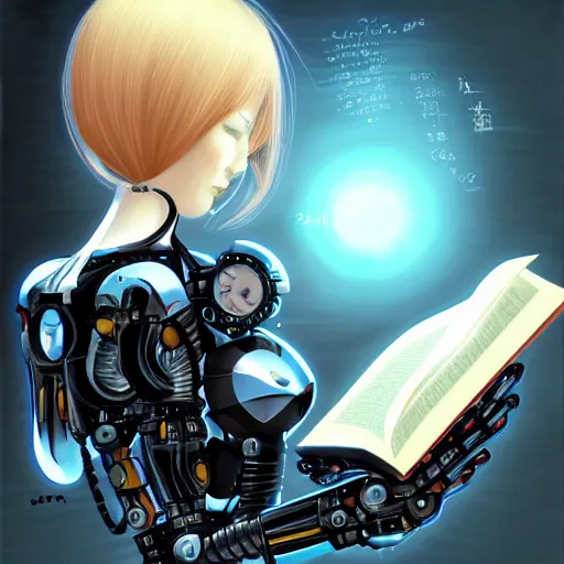 Image similar to robotic cybernetic girl reading a book, portrait, pixiv, arstation, digital art