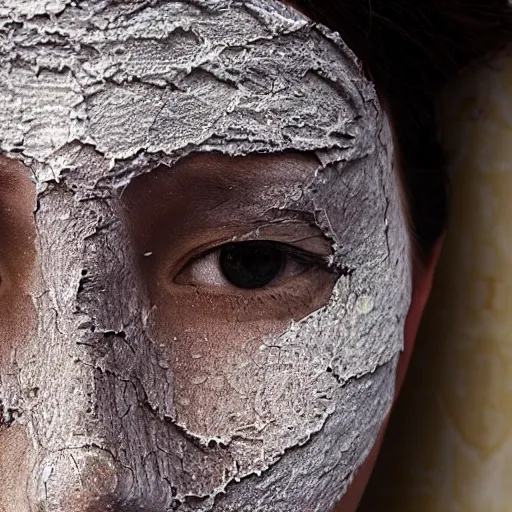 Image similar to woman's face covered with the texture of cracked and glzed ceramic