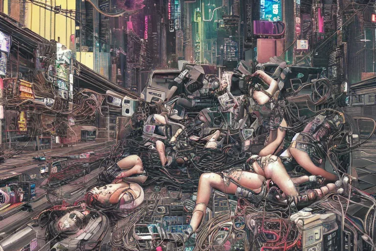 Image similar to a hyper-detailed cyberpunk illustration with a bunch of android females lying over an empty floor, with their broken bodies open and a mess of cables and wires coming out, by masamune shirow and katsuhiro otomo