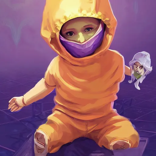 Image similar to baby Angel, baby cherub,wearing angel halo, ski mask, balaclava, face covered, wearing angel halo covered face, orange hoodie, hip hop, multiple golden necklaces, fantasy art apex fortnite Video game icon, 2d game art gta5 cover , official fanart behance hd artstation by Jesper Ejsing, by RHADS, Makoto Shinkai and Lois van baarle, ilya kuvshinov, rossdraws